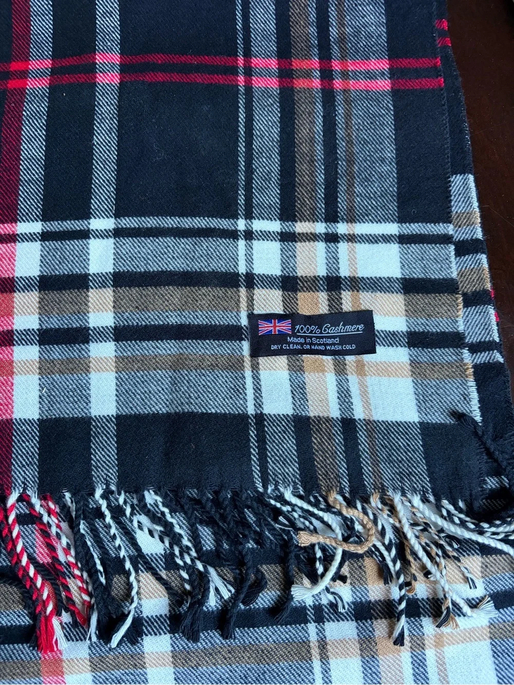 100% Cashmere Plaid Scarf - Black, Tan & Red 66”